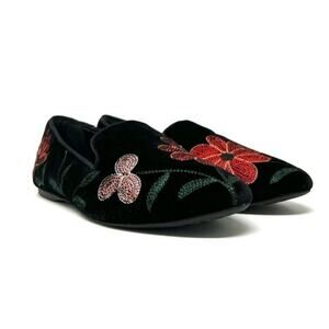 Birdies Woman’s 7 The Starling Flats Black Floral Velvet Slip On Boho Western
